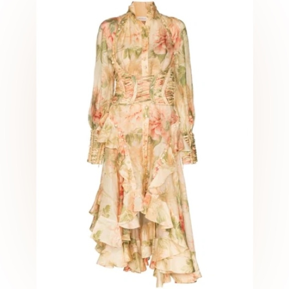 ESPIONAGE FLORAL-PRINT LINEN-BLEND DRESS IN NEUTRALS